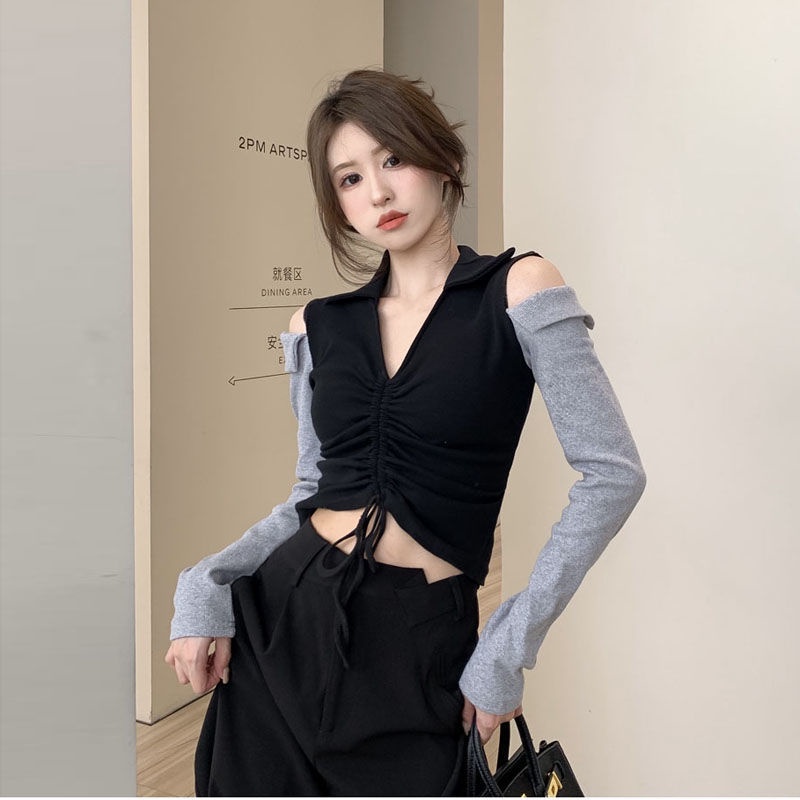 Áo Thun Dài Tay Trễ Vai Cổ Chữ V Eo Cao Phối Dây Rút JL-TX-527