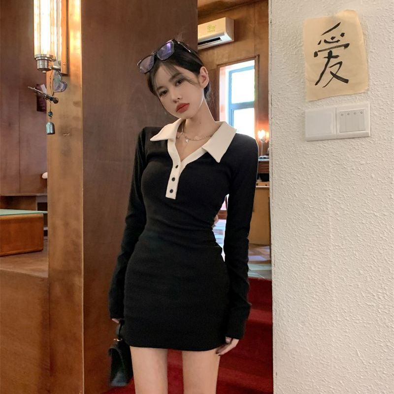 COZOK Đầm Tay Dài Cổ Polo Dáng Ôm Phối Màu Tương Phản Quyến Rũ