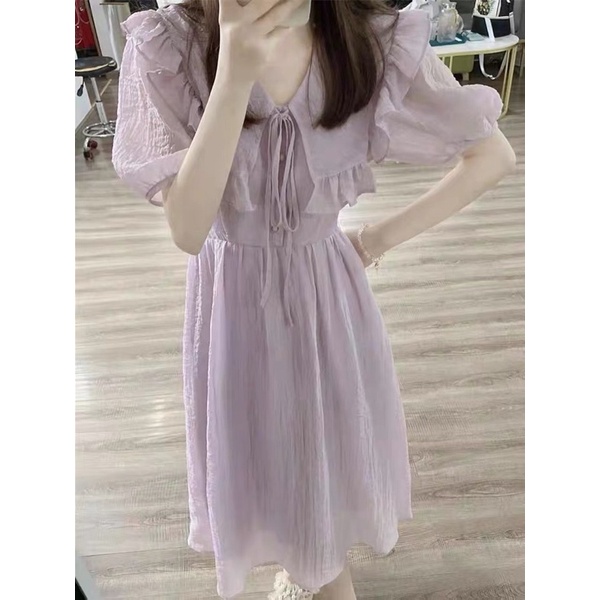 Đầm midi cổ bèo tay bồng buộc dây XANH TÍM dáng xòe dài