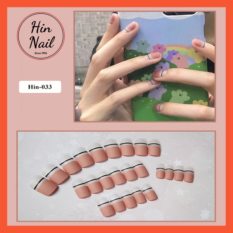 móng giả kèm keo màu hồng phấn họa tiết kẻ ngang Hin Nail