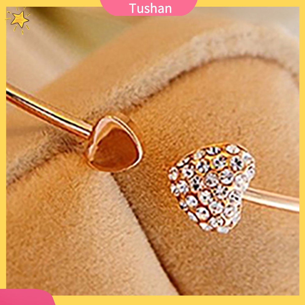 TUSH_Women Fashion Golden Tone Rhinestone Love Heart Bangle Cuff Bracelet Gift