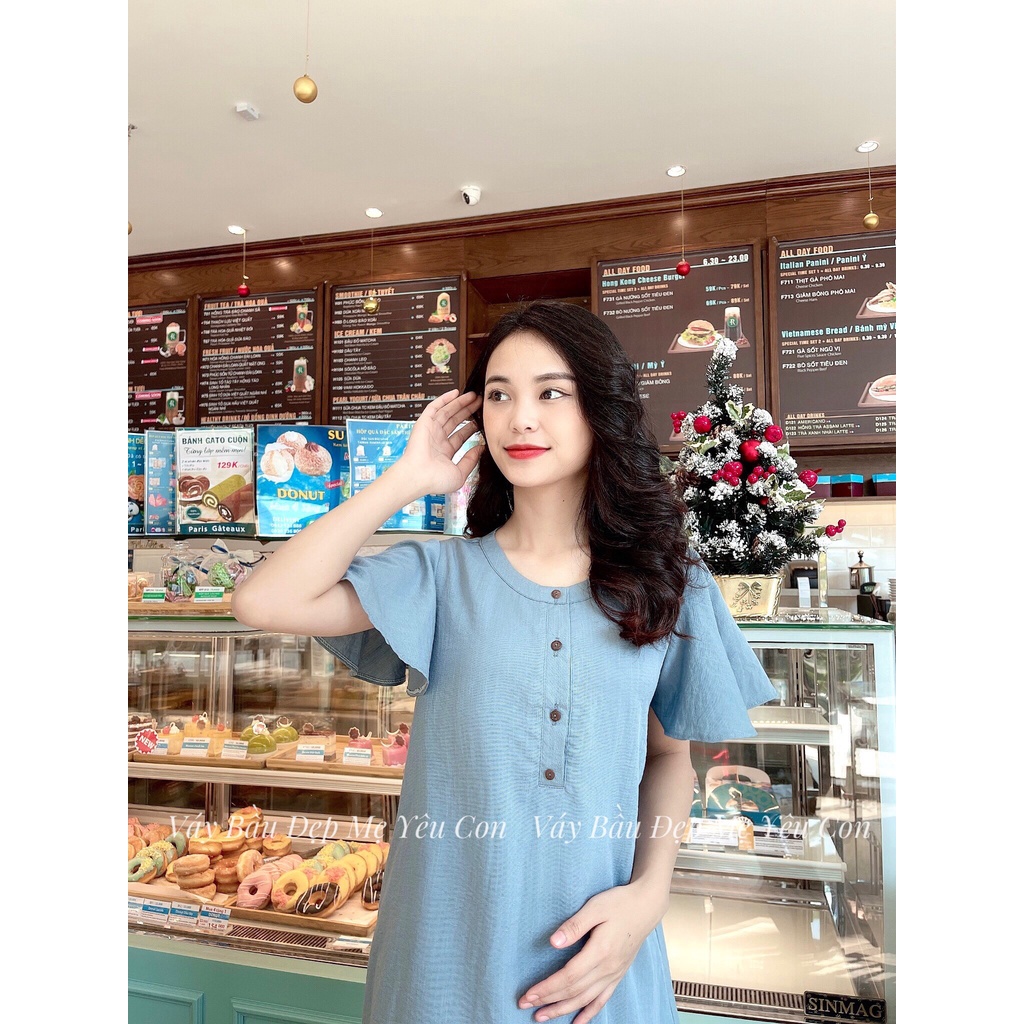 Đầm bầu công sở Váy bầu đẹp đũi sước màu xanh đuôi cá MYC 12M