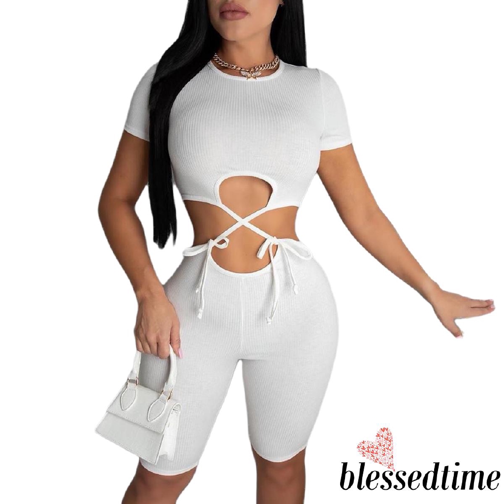 Set 2 Món Áo Thun Tay Ngắn Màu Trơn Phối Quần Short Thời Trang Cho Nữ | BigBuy360 - bigbuy360.vn