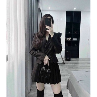 Set áo vest tay dài và chân váy xếp li có lót