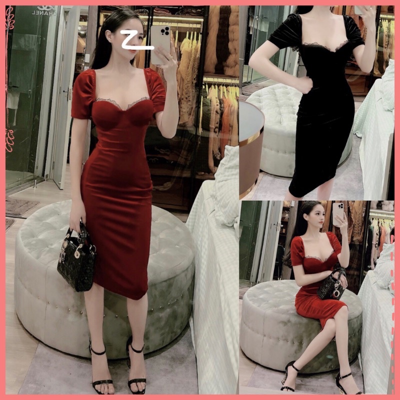 Váy nhung đỏ đen ôm body cúp ngực tay bồng. Đầm ôm sát nhung dự tiệc, Noel