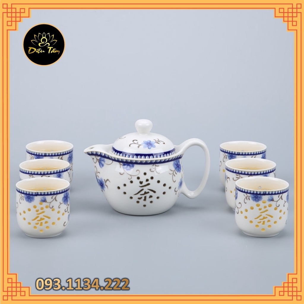 Bộ ấm chén trà gốm hoa vẽ tay cổ điển