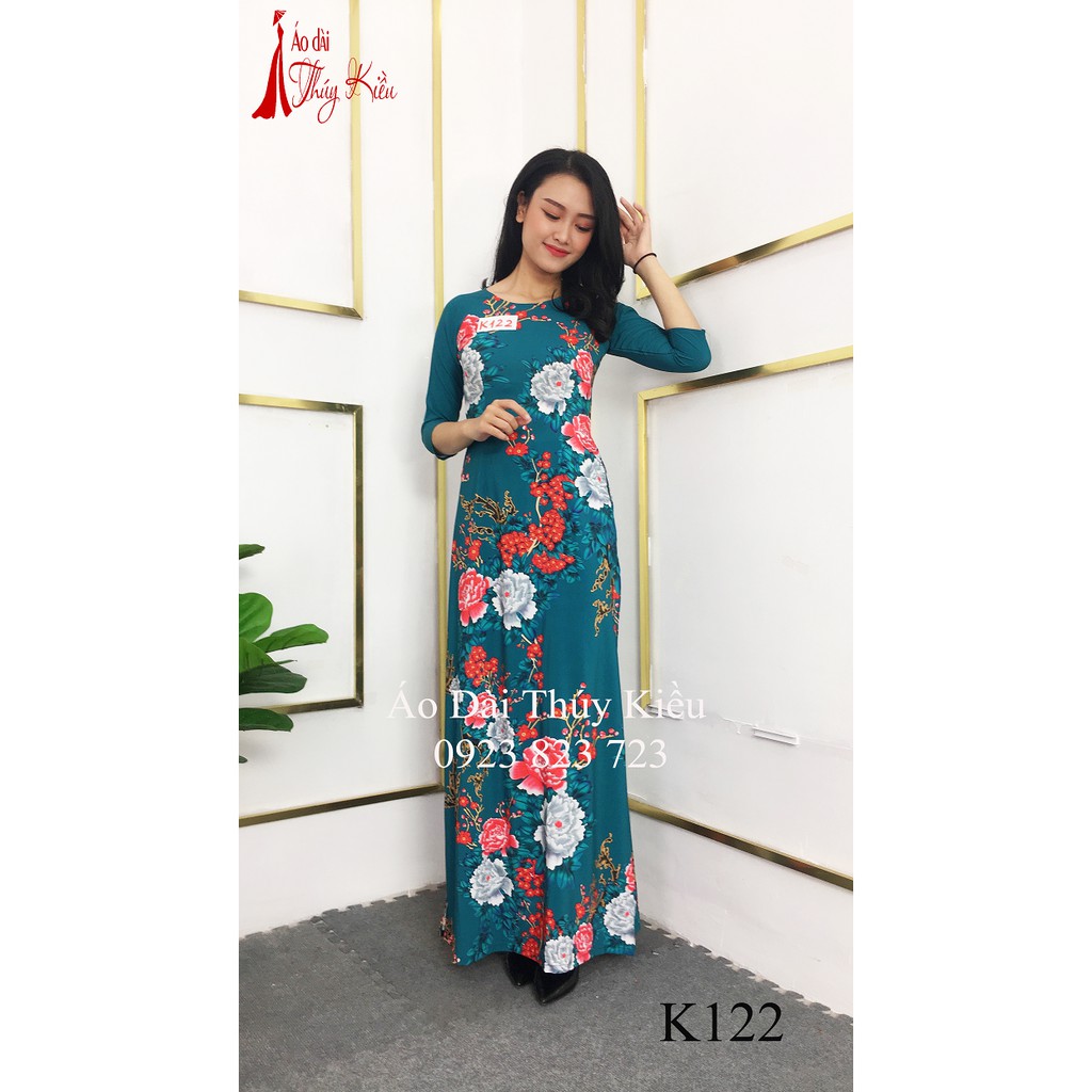 Áo dài lụa nhật 3D xanh rêu đậm hoa đào, mẫu đơn K122 ❤️FREESHIP❤️ mềm mại, co giãn, thấm hút mồ hôi