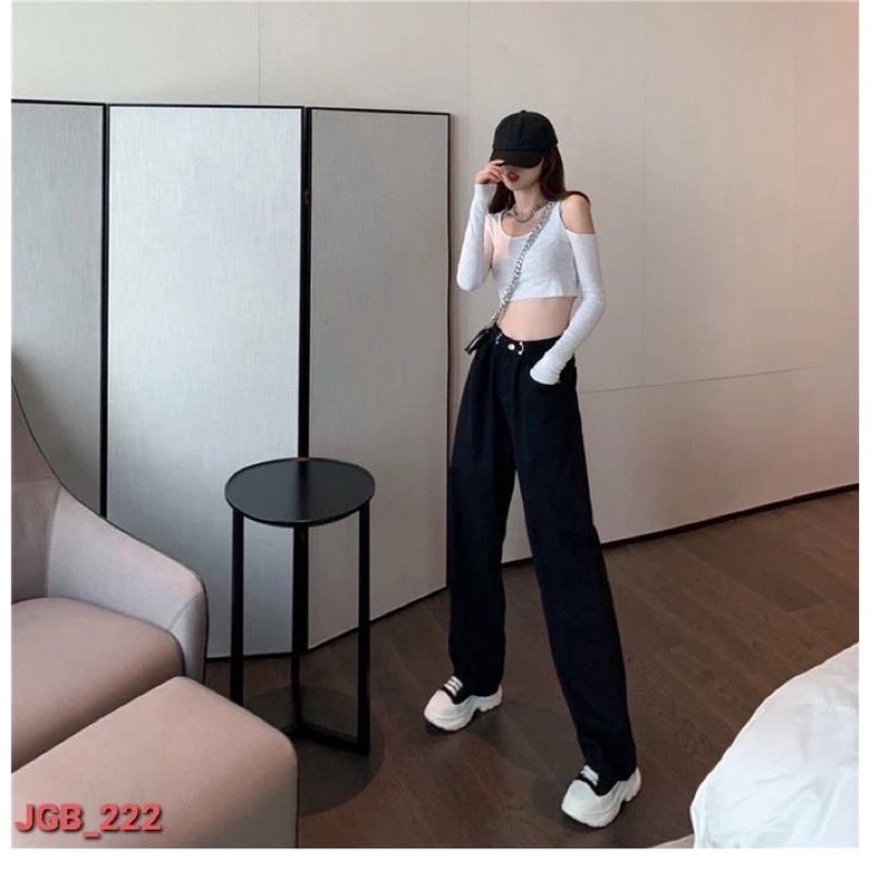 Quần jeans suông cotton cạp cao kèm khuy cài eo phom rộng dễ mặc