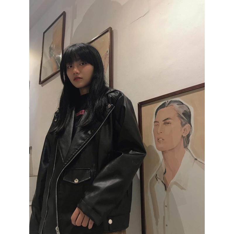 Áo khoác unisex giả da Biker Jacket màu đen