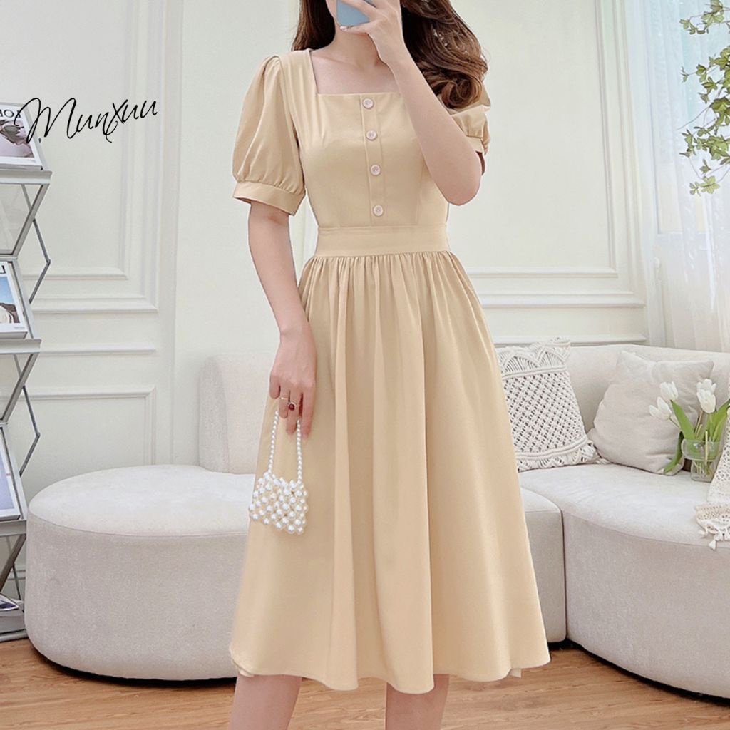 Đầm nữ thiết kế MUNXUU phối cúc kiểu cổ vuông vải tơ mềm mát kiểu dáng thanh lịch - V009