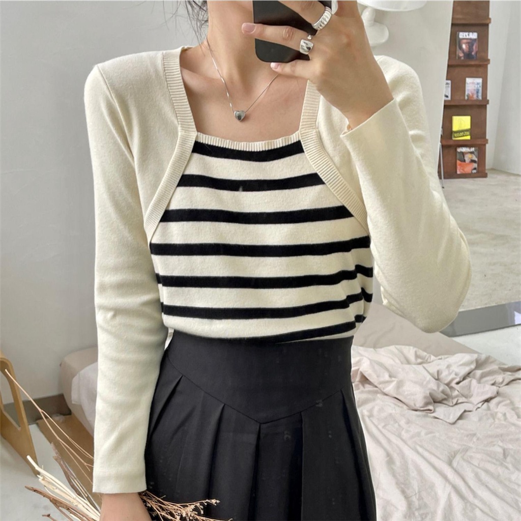 SUXI Áo Sweater Dệt Kim Tay Dài Dáng Ôm Họa Tiết Kẻ Sọc Thời Trang Mùa Thu Mới Cho Nữ