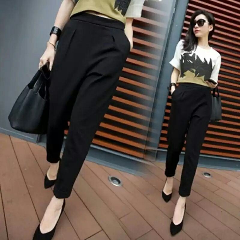 Quần baggy nữ công sở cạp chun vải UMI co giãn màu đen ống bó lưng thun dáng dài - Quần tây nữ lưng cao đi học ống côn