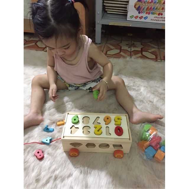 Đồ chơi xe kéo thả hình khối và số bằng gỗ - Đồ chơi giúp bé học hình khối, màu sắc và số đếm - Tamankids