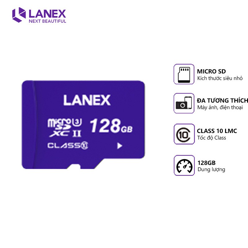 [Mã 2404EL10K giảm 10K đơn 20K] Thẻ nhớ Lanex 128GB micro sd, class 10, dung lượng thật, tương thích nhiều thiết bị