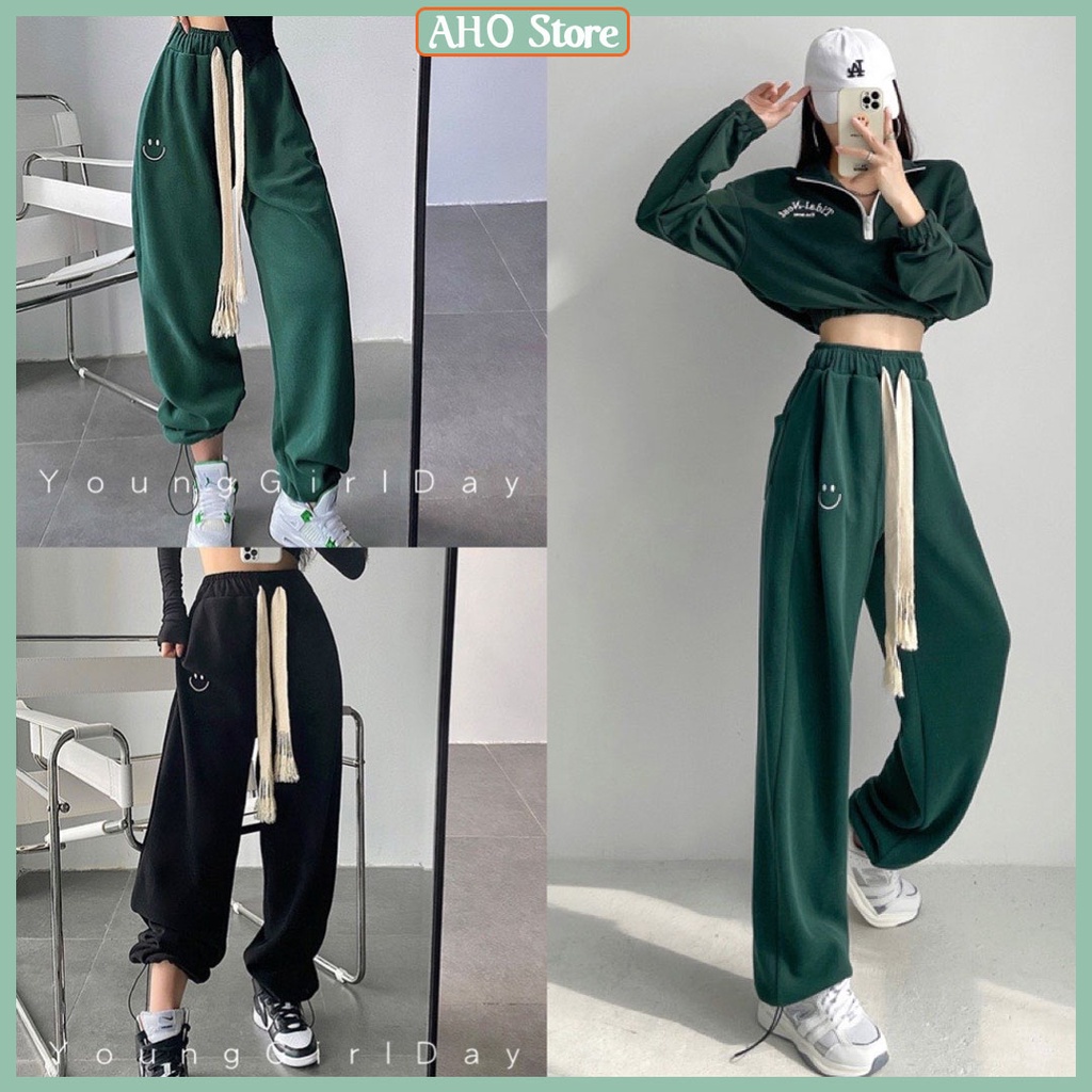Quần Jogger Unisex Xanh Lá Thêu Mặt Cười Quần Ống Rộng Bo Gấu Dây Rút To Cạp Chun Freesize