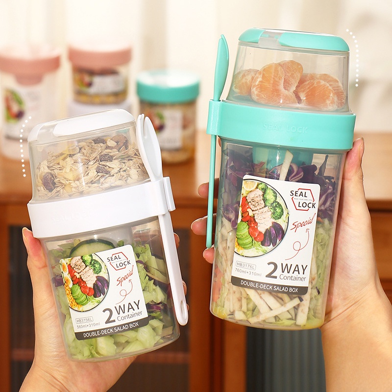 760ml Chất Béo Chế Độ Ăn Uống ăn trưa salad cup với ngã ba và nước sốt Jar cho người ăn kiêng ăn trưa hộp trái cây và rau xà lách chai cho Dã Ngoại và phòng tập thể dục