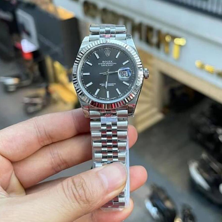 Đồng hồ Nam Rolex máy nhật, mẫu classic, mặt đen xám viền trắng dây kim loại, dòng cơ Automatic size 39mm-40mm