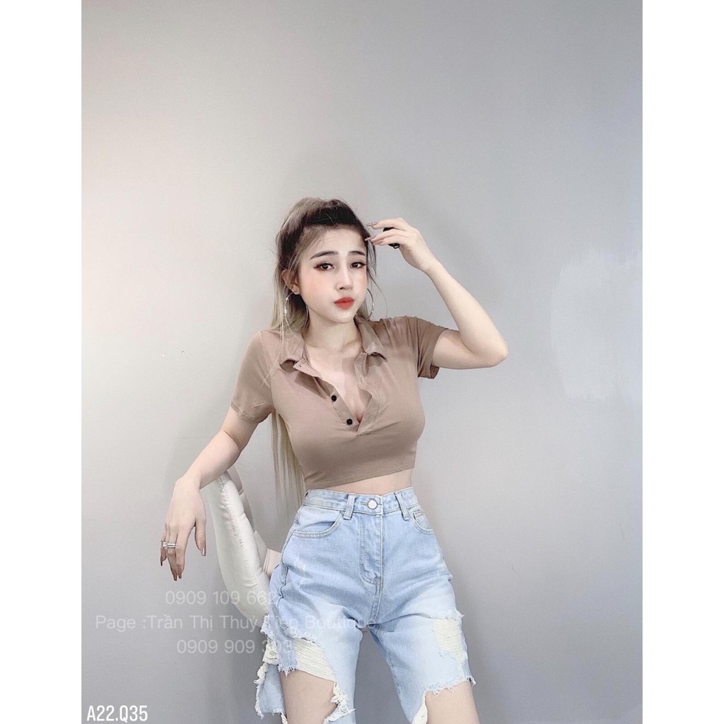 Áo thun croptop có cổ phối nút phong cách sexy TTSA0051