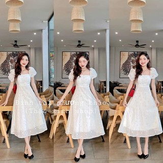 Váy trắng dự tiệc dáng dài hoa nhí xanh thắt nơ eo