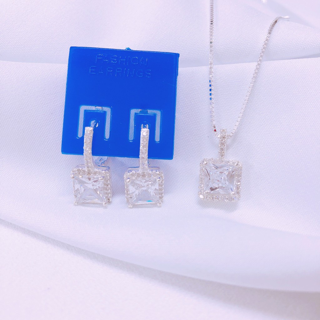 Bộ trang sức nữ bạc thật 2 món dây chuyền bông tai nữ bạc 925 mặt đá vuông đẹp/ JQN cam kết bạc chuẩn, chất lượng