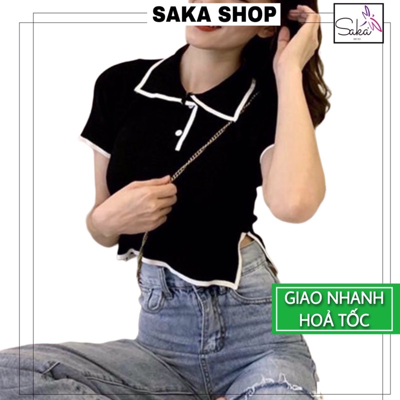 Áo croptop nữ thun cổ sơ mi phối nút dễ thương nhiều màu