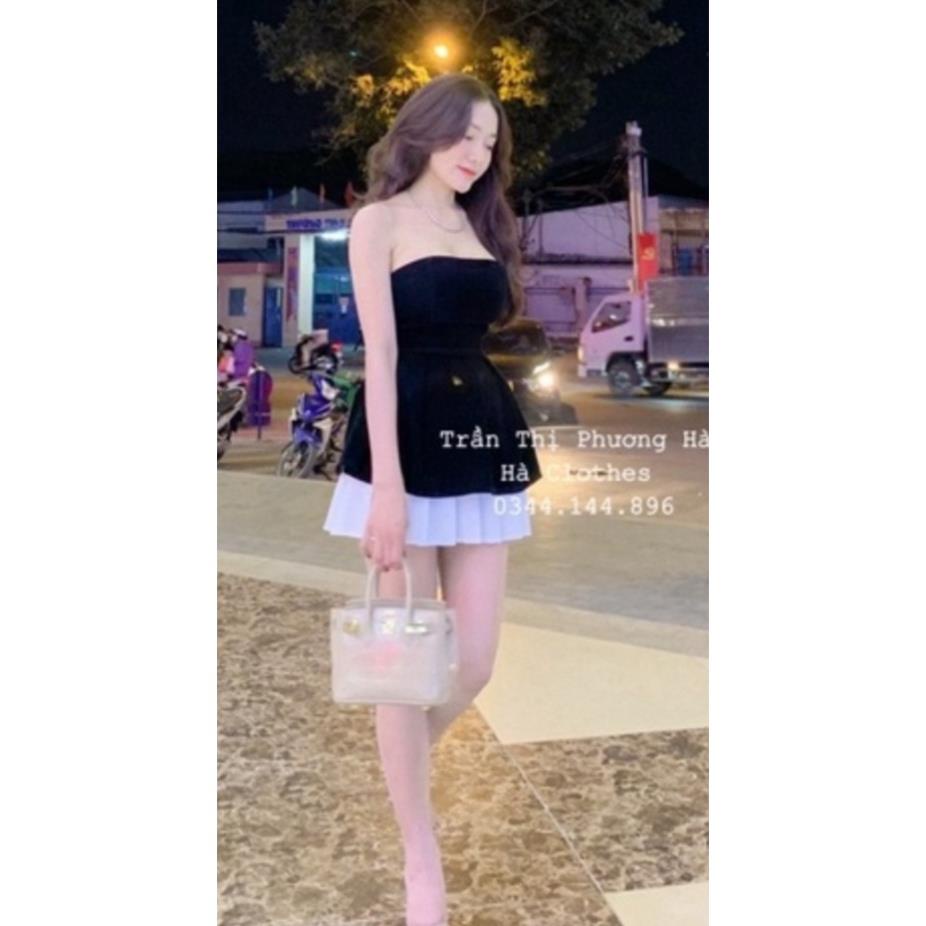 Sét đầm nữ áo cúp ngực Nhung bèo bụng phối chân váy xòe đen_ Đầm đẹp diện phố