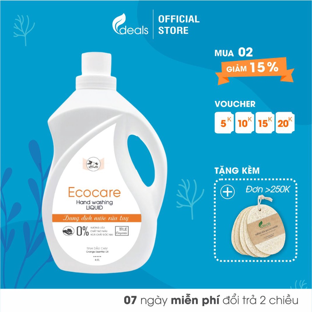 Nước Rửa Tay Bồ Hòn Hữu Cơ ECOCARE 4 lít - Tặng kèm vỏ chai 250ml - Sạch khuẩn, chăm sóc da tay, tinh dầu khử mùi