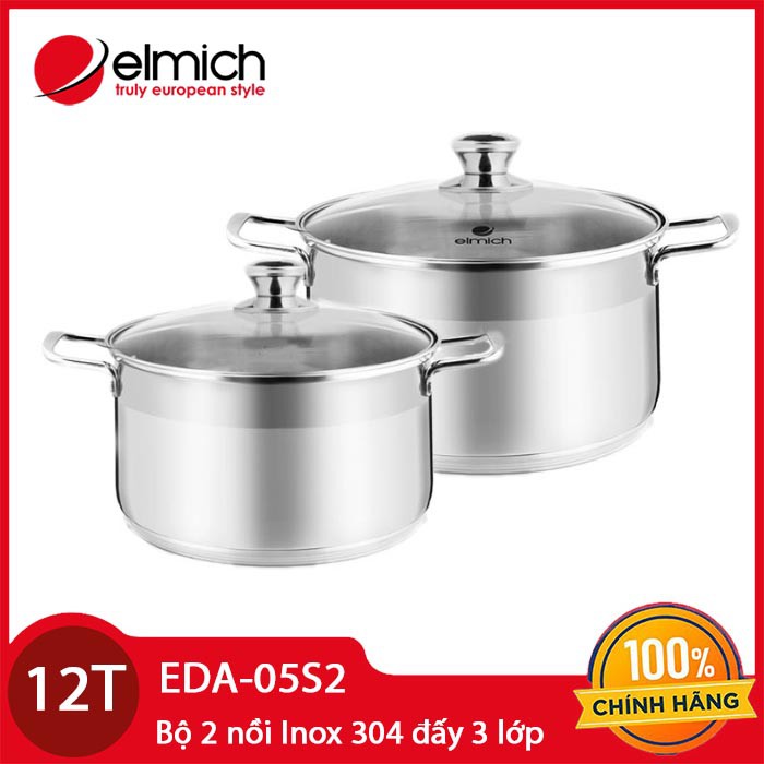 Bộ 2 nồi Inox 304 đáy từ 3 lớp Elmich EDA-05S2 size 20 và 24cm - Bảo hành chính hãng 12 tháng