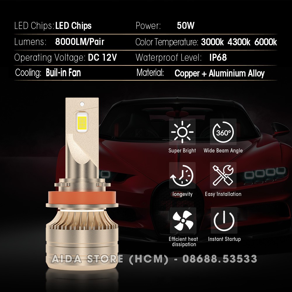 Đèn LED pha, gầm ô tô xe máy XM70 có driver led sử dụng điện áp rộng 12v~24v max sáng