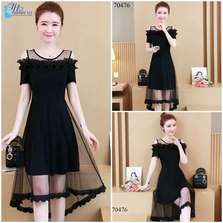 Đầm suông Tay Ngắn Cổ Tròn Hở Vai Đi Tiệc Công sở dạo phố Màu đen