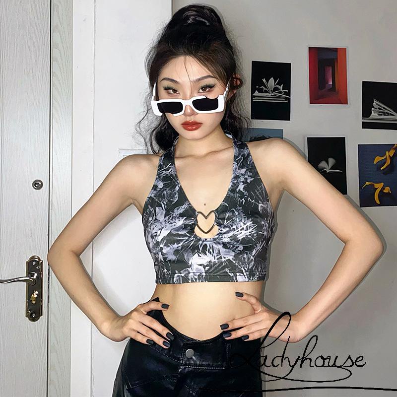 Áo hai dây hở lưng có vòng kim loại in họa tiết trừu tượng thời trang cho nữ