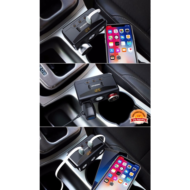 Bộ chia tẩu sạc oto xe hơi cao cấp hàng hiệu HYUNDAI (2 cổng USB, 3 cổng sạc) AHY29