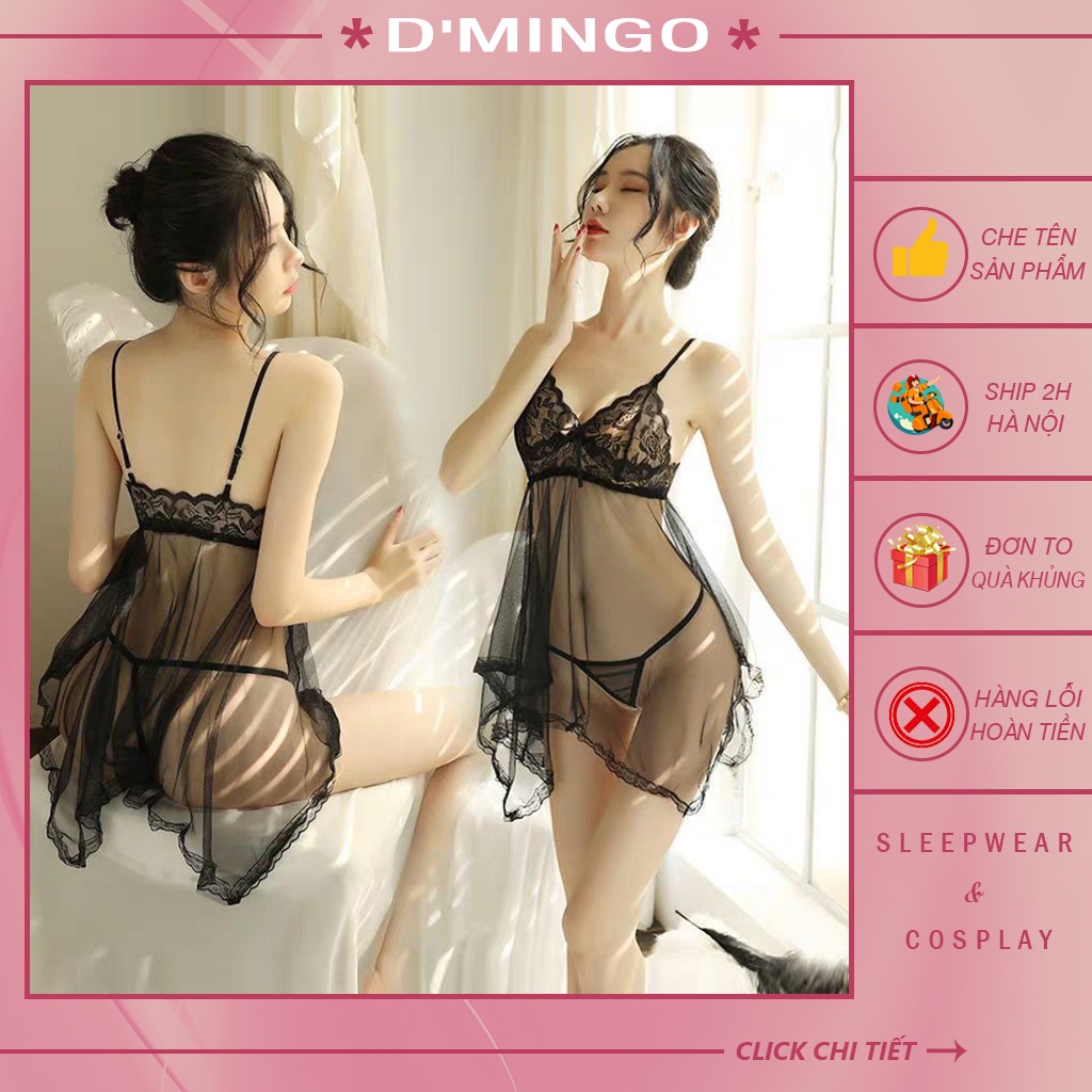 Váy ngủ sexy đầm ngủ gợi cảm đồ ngủ cosplay sẽy 2 dây voan phối ren hở lưng xuyên thấy( tặng kèm quần chip lọt khe) VN04