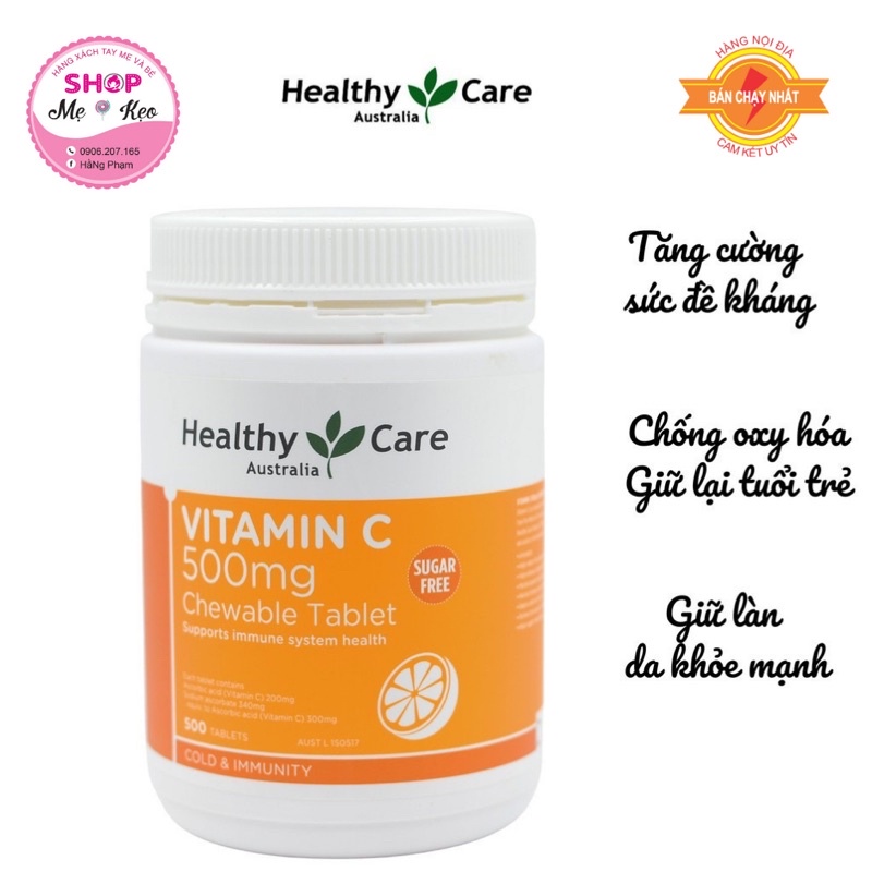 Vitamin C (500v) tăng cường đề kháng, đẹp da cho người từ 2 tuổi trở lên Healthy Care Vitamin C 500mg, Úc