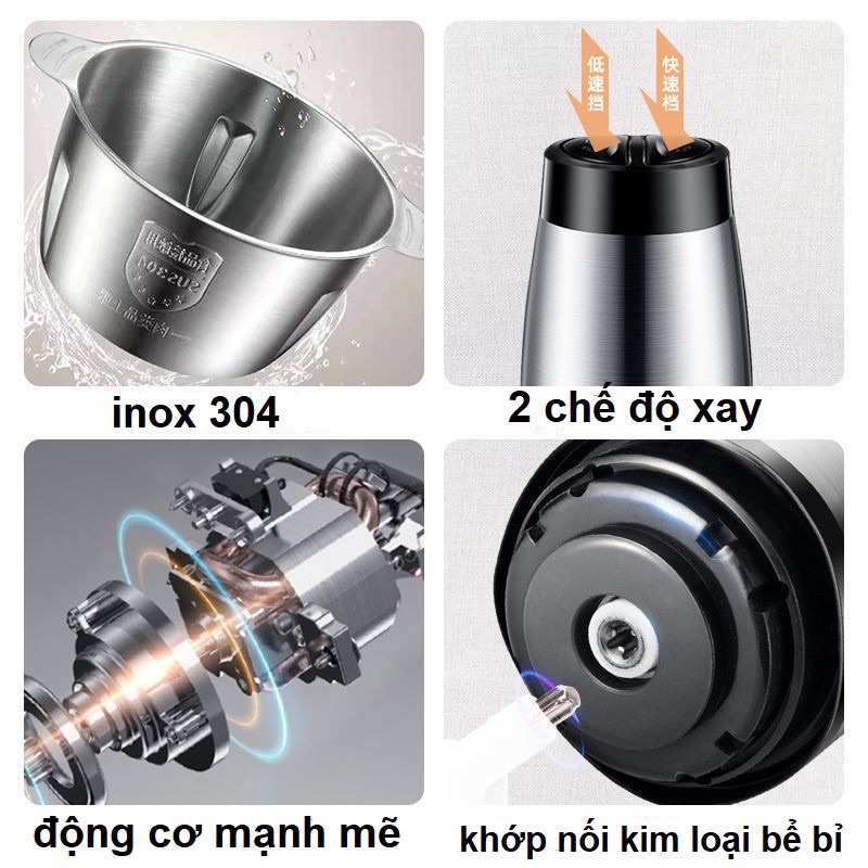 Máy xay thịt cá đa năng gia đình, cối xay thịt inox 4 lưỡi 2L xay rau củ quả