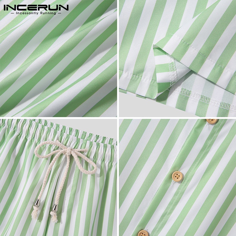 Set áo sơ mi tay ngắn kẻ sọc + quần short INCERUN thời trang cao cấp cho nam