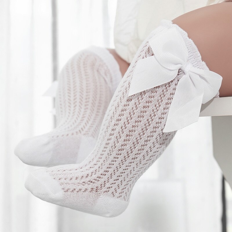 Vớ cotton mềm mại cao tới đầu gối phối lưới đính nơ dễ thương thoải mái cho bé sơ sinh tùy chọn màu sắc
