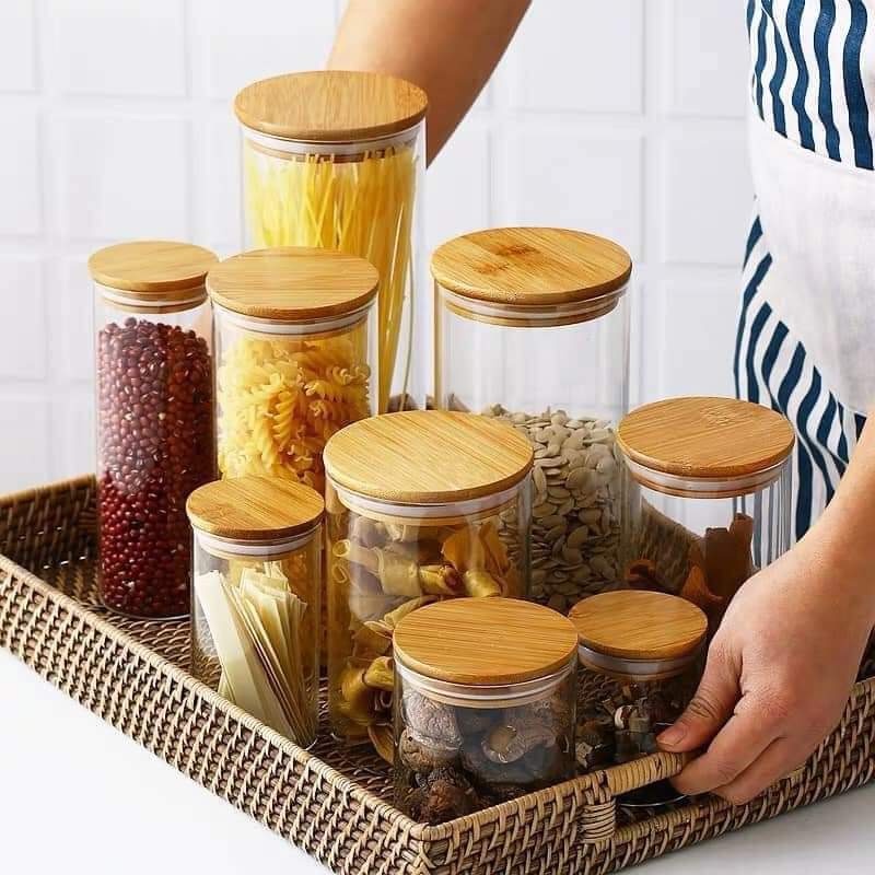 Hũ Thủy Tinh Nắp Gỗ Đựng Gia Vị, Thức Ăn, Đồ Khô, Ngũ Cốc