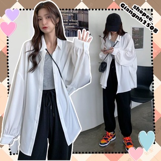 A017 Áo sơ mi nữ trắng tay bồng oversize dáng rộng cute Hàn Quốc, áo chống nắng cỡ to freesize trẻ trung dễ thương