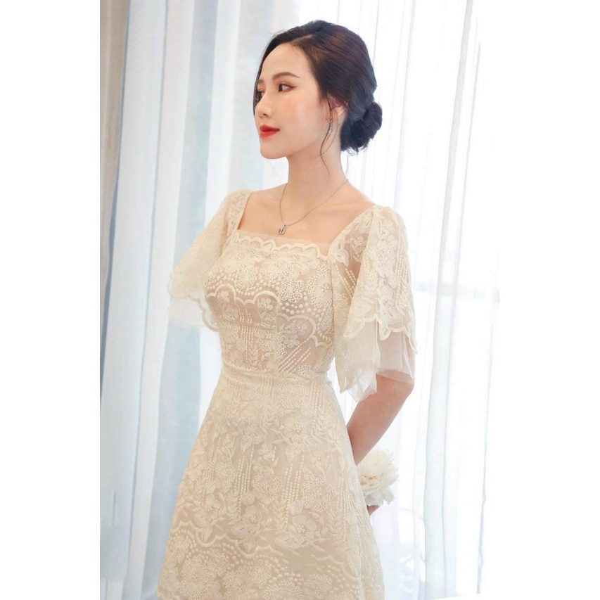 Đầm dự tiệc cổ vuông tay ren phối lưới chất ren thái xịn phong cách thời trang nữ