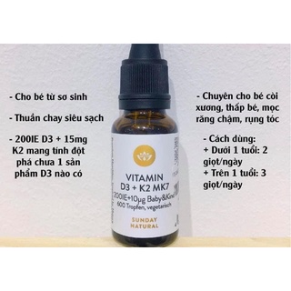 [CHUẨN AIR] Vitamin D3 K2 Mk7 Sunday Natural 20ml (Date mới nhất) - Nội địa Đức