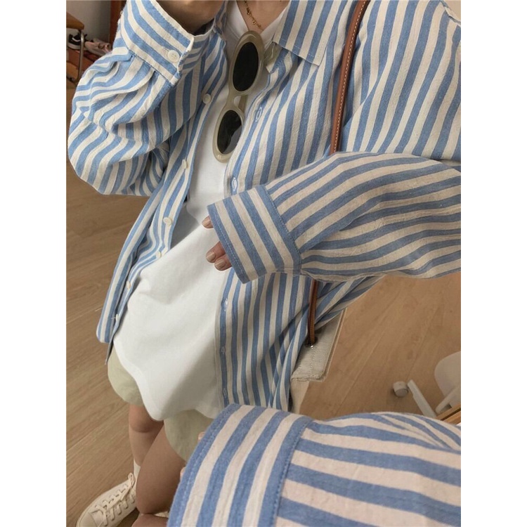 Áo Sơ Mi Dài Tay Họa Tiết Kẻ Sọc Phong Cách Hàn Quốc Dành Cho Nữ