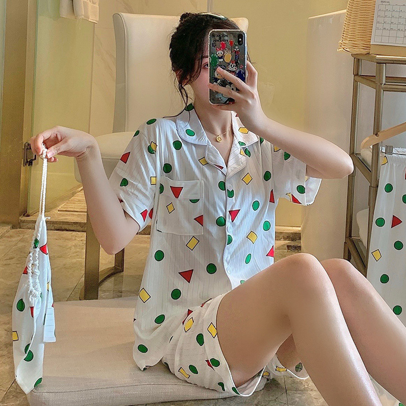 【norns】2021 Crayon nhỏ mới lớn mô hình hình học mùa hè tay ngắn Quần short PAJAMAS dành cho phụ nữ dải lụa sữa lụa dịch vụ nhà túi giao hàng tận nhà