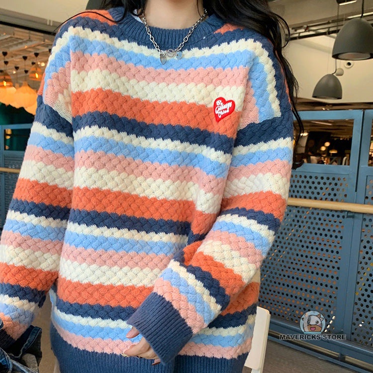 Áo sweater dệt kim chui đầu màu cầu vồng dễ phối đồ thời trang thu đông cho nữ