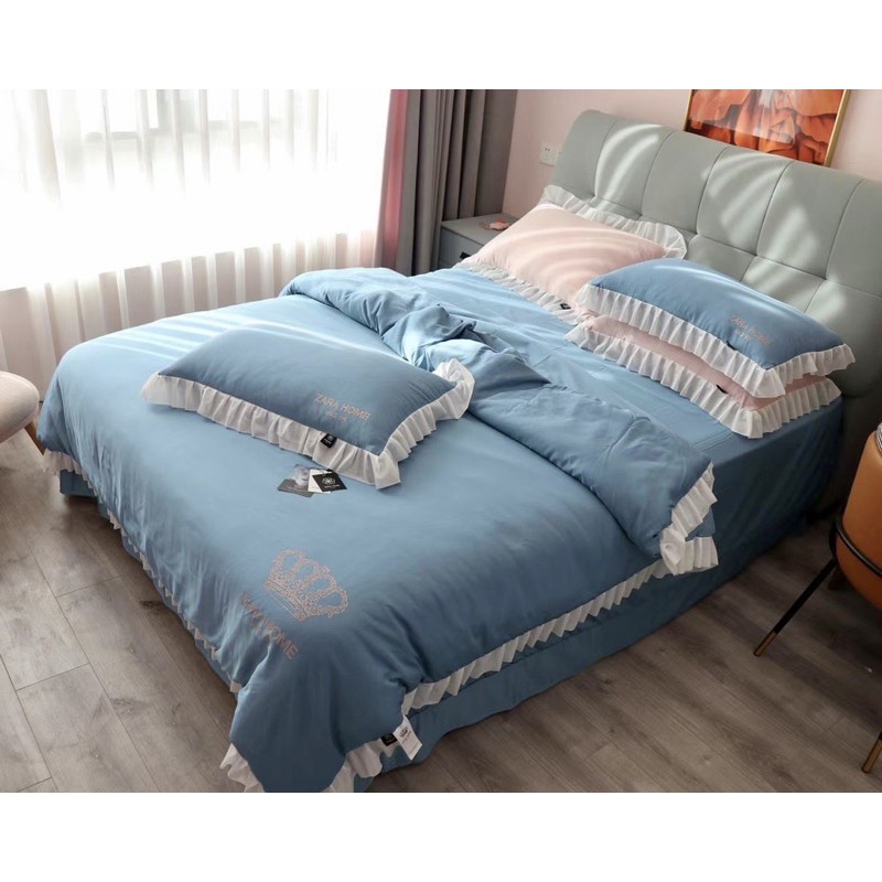 Bộ Chăn Ga Gối 4 chi tiết cotton đũi hoạt tính ĐƠN SẮC phối Viền Vèo ZARA HOME cách điệu -&gt;Mẫu Mới Nhất