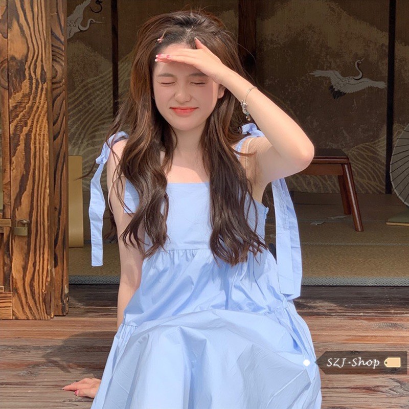 Váy hai dây bản to - Đầm 2 dây thắt nơ vai xanh blue