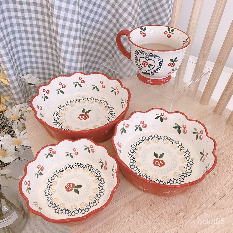 Stunner Girls*Vintage Pastoral Style Ceramic Bowl Salad Bowl Lace Japanese Ceramic Plate Red Cherry Coffee Cup