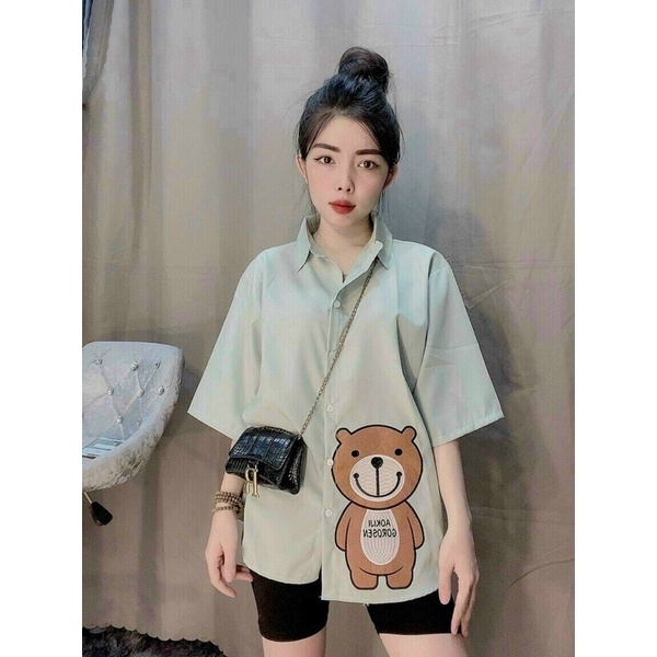 sét bộ quần ngố áo sơ mi thêu gấu