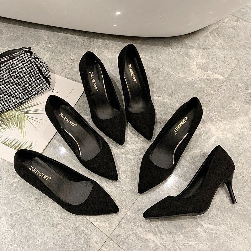 Giày cao gót nữ nhọn gợi cảm phiên bản hàn quốc da lộn màu đen hoang dã mũi công việc sự nghiệp xu hướng văn phòng