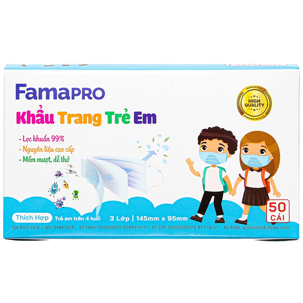 Khẩu trang y tế em bé 4 lớp Famapro khẩu trang kháng khuẩn cho bé hộp 50 cái có hình dễ thương